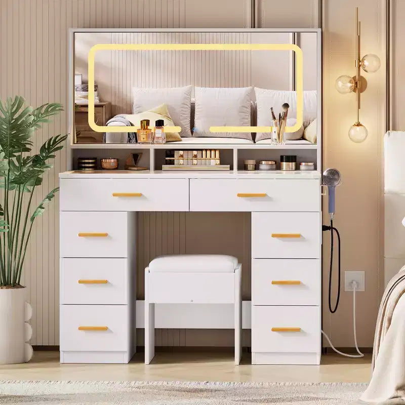 Coiffeuse Acekool 42 avec plateau en verre, miroir, 8 tiroirs et tabouret pour chambre à coucher