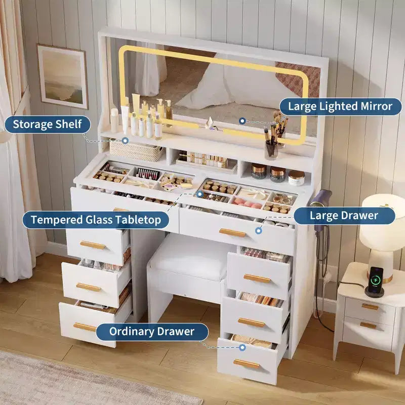 Coiffeuse Acekool 42 avec plateau en verre, miroir, 8 tiroirs et tabouret pour chambre à coucher