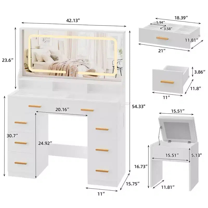 Coiffeuse Acekool 42 avec plateau en verre, miroir, 8 tiroirs et tabouret pour chambre à coucher