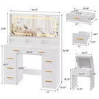 Coiffeuse Acekool 42 avec plateau en verre, miroir, 8 tiroirs et tabouret pour chambre à coucher