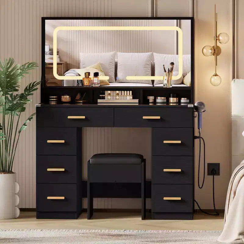Coiffeuse Acekool 42 avec plateau en verre, miroir, 8 tiroirs et tabouret pour chambre à coucher