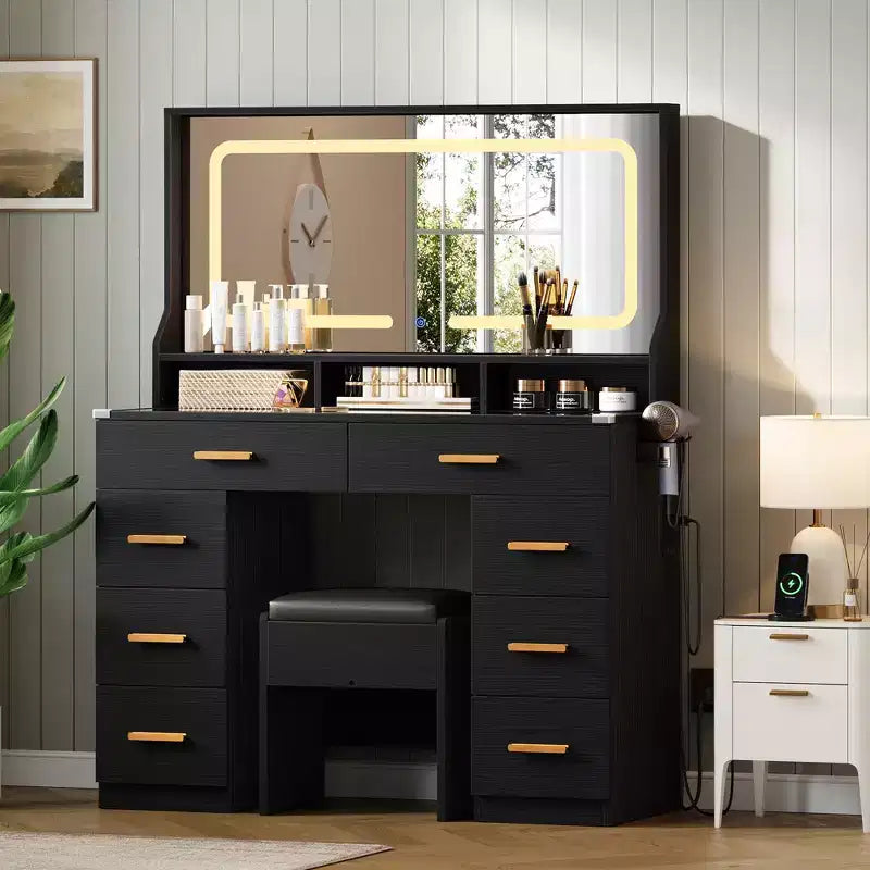 Coiffeuse Acekool 42 avec plateau en verre, miroir, 8 tiroirs et tabouret pour chambre à coucher