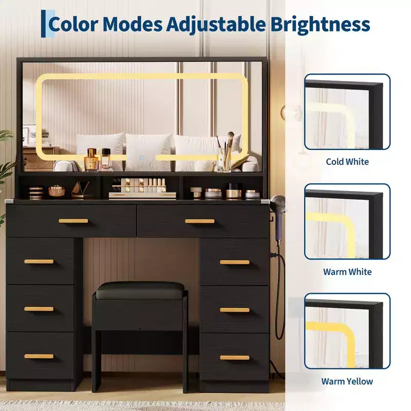 Coiffeuse Acekool 42 avec plateau en verre, miroir, 8 tiroirs et tabouret pour chambre à coucher