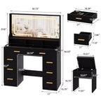 Coiffeuse Acekool 42 avec plateau en verre, miroir, 8 tiroirs et tabouret pour chambre à coucher