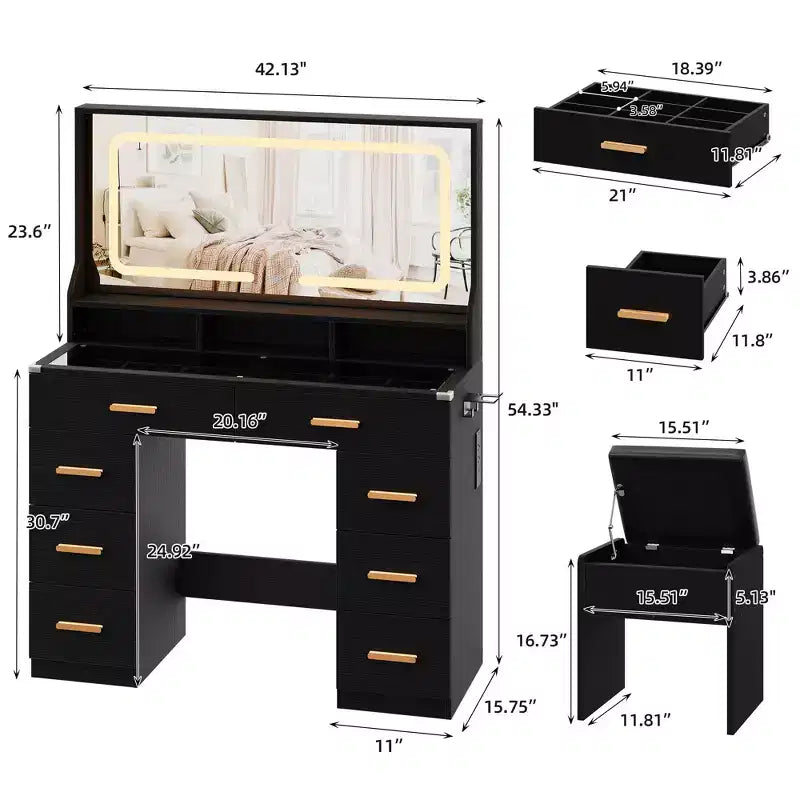 Coiffeuse Acekool 42 avec plateau en verre, miroir, 8 tiroirs et tabouret pour chambre à coucher