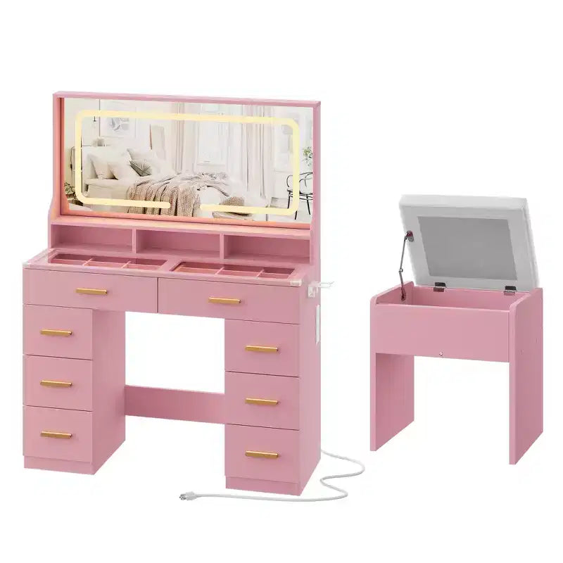 Coiffeuse Acekool 42 avec plateau en verre, miroir, 8 tiroirs et tabouret pour chambre à coucher