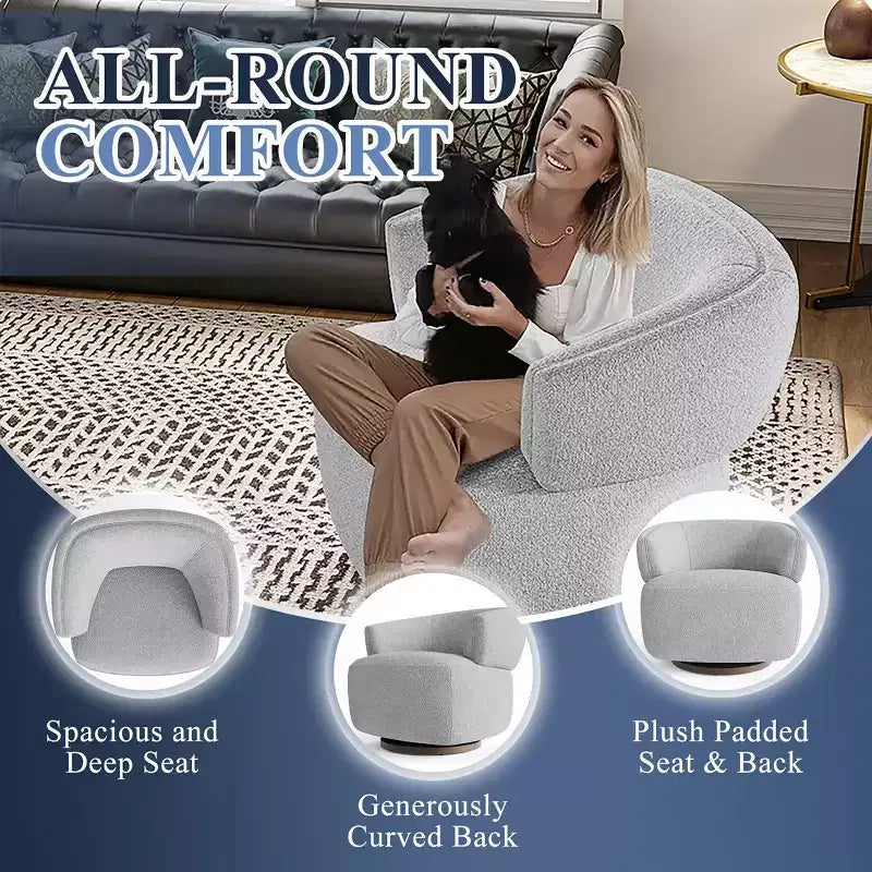 Fauteuil pivotant avec cadre en bois massif, fauteuil d'appoint rond rembourré pour petits espaces