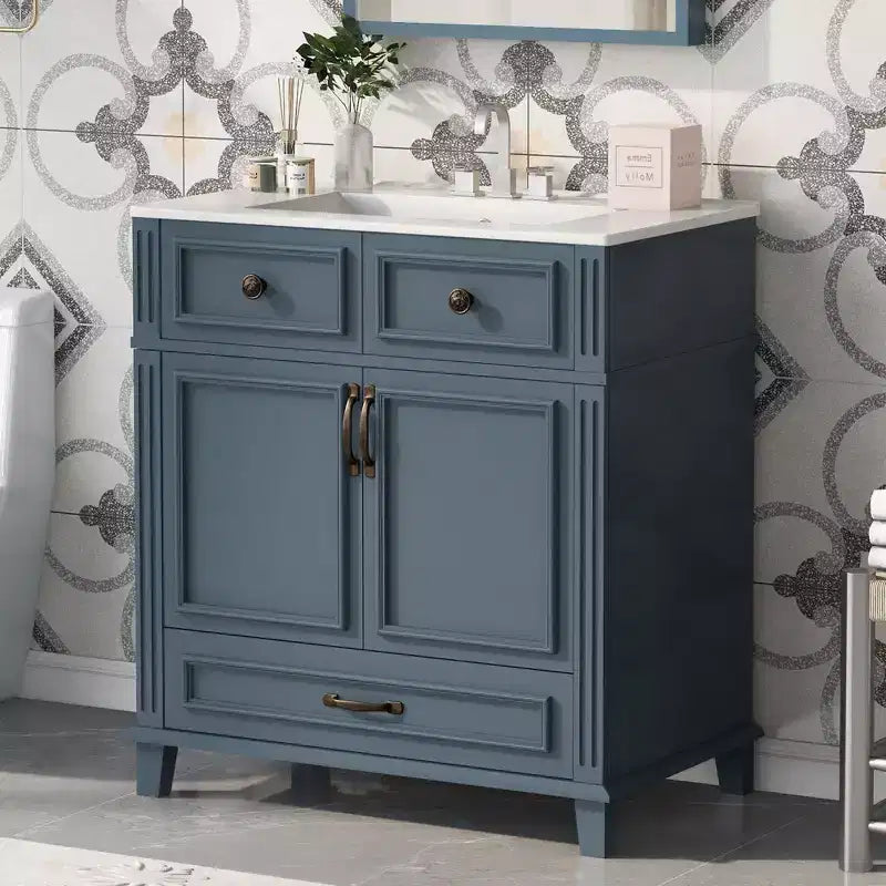 JVNOXK 30 Retro Freestanding Bathroom Vanity with Ceramic Sink, Blue Solid Wood Storage Cabinet with Soft Closing Doors for Powder Room