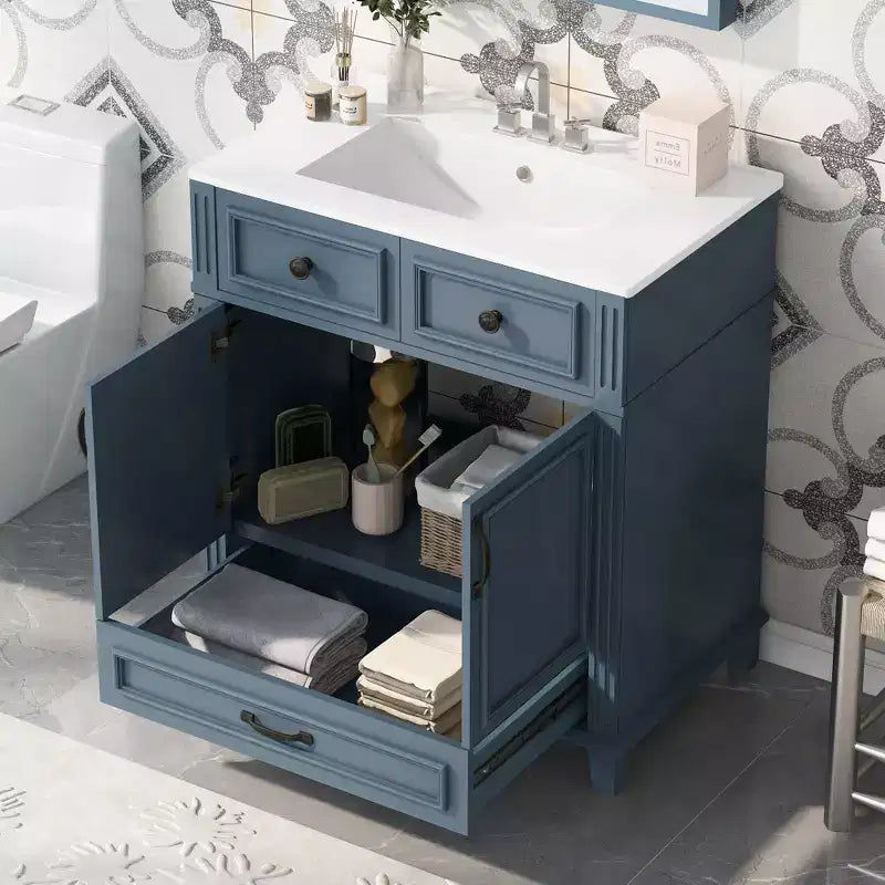 JVNOXK 30 Meuble-lavabo de salle de bain rétro autoportant avec évier en céramique, armoire de rangement en bois massif bleu avec portes à fermeture douce pour salle d'eau