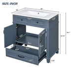 JVNOXK 30 Meuble-lavabo de salle de bain rétro autoportant avec évier en céramique, armoire de rangement en bois massif bleu avec portes à fermeture douce pour salle d'eau