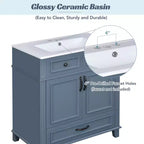 JVNOXK 30 Meuble-lavabo de salle de bain rétro autoportant avec évier en céramique, armoire de rangement en bois massif bleu avec portes à fermeture douce pour salle d'eau