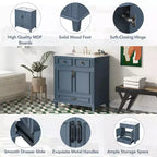 JVNOXK 30 Meuble-lavabo de salle de bain rétro autoportant avec évier en céramique, armoire de rangement en bois massif bleu avec portes à fermeture douce pour salle d'eau
