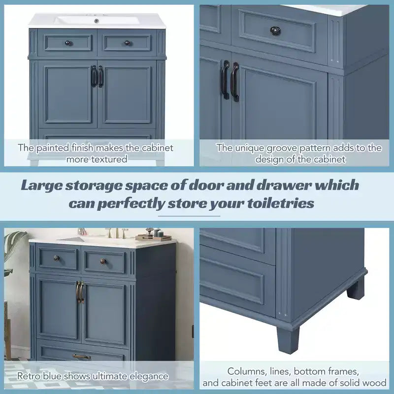 JVNOXK 30 Meuble-lavabo de salle de bain rétro autoportant avec évier en céramique, armoire de rangement en bois massif bleu avec portes à fermeture douce pour salle d'eau