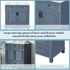 JVNOXK 30 Meuble-lavabo de salle de bain rétro autoportant avec évier en céramique, armoire de rangement en bois massif bleu avec portes à fermeture douce pour salle d'eau