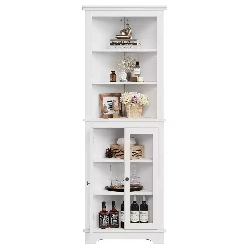 Freestanding Corner Cabinet with Glass Doors - Tall Bookcase - Adjustable Shelves - Modern Space-Saving Storage