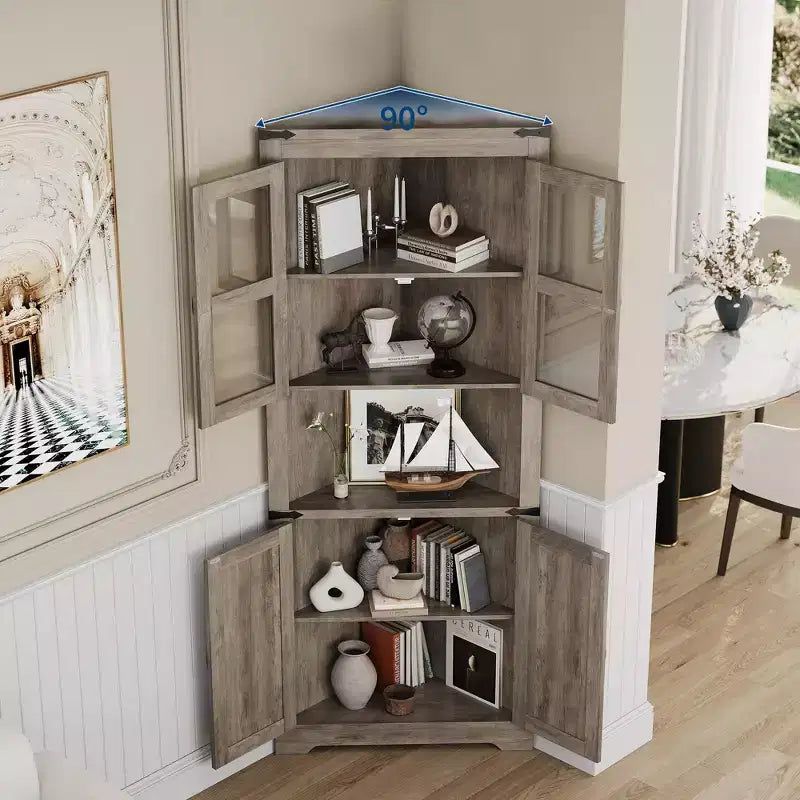 Meuble de rangement d'angle de ferme, haut, lumineux, peu encombrant, avec étagères réglables, porte vitrée, unité d'exposition pour entrée, salon, cuisine