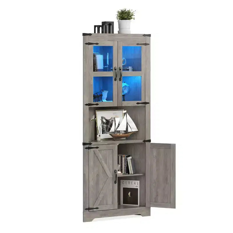 Meuble de rangement d'angle de ferme, haut, lumineux, peu encombrant, avec étagères réglables, porte vitrée, unité d'exposition pour entrée, salon, cuisine