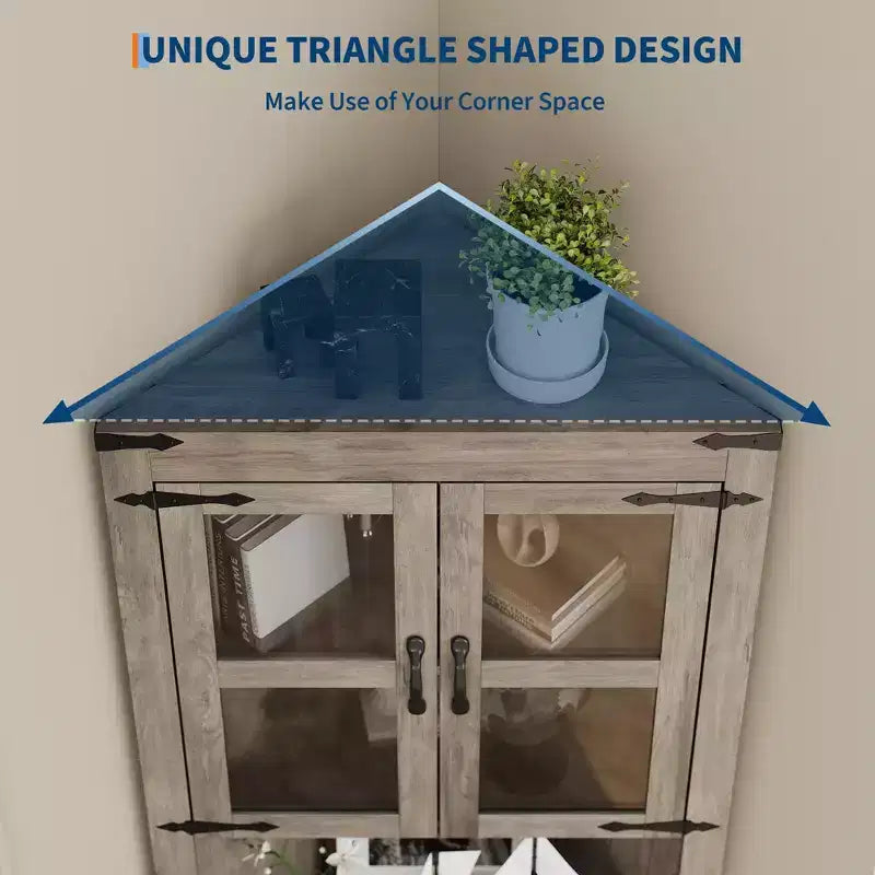 Meuble de rangement d'angle de ferme, haut, lumineux, peu encombrant, avec étagères réglables, porte vitrée, unité d'exposition pour entrée, salon, cuisine