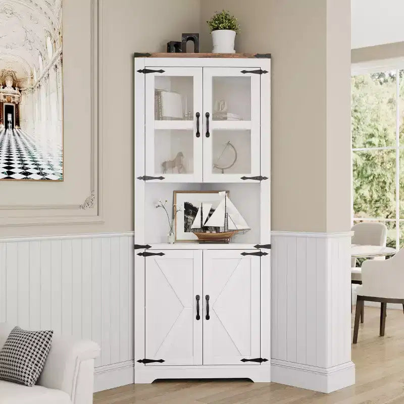 Meuble de rangement d'angle de ferme, haut, lumineux, peu encombrant, avec étagères réglables, porte vitrée, unité d'exposition pour entrée, salon, cuisine