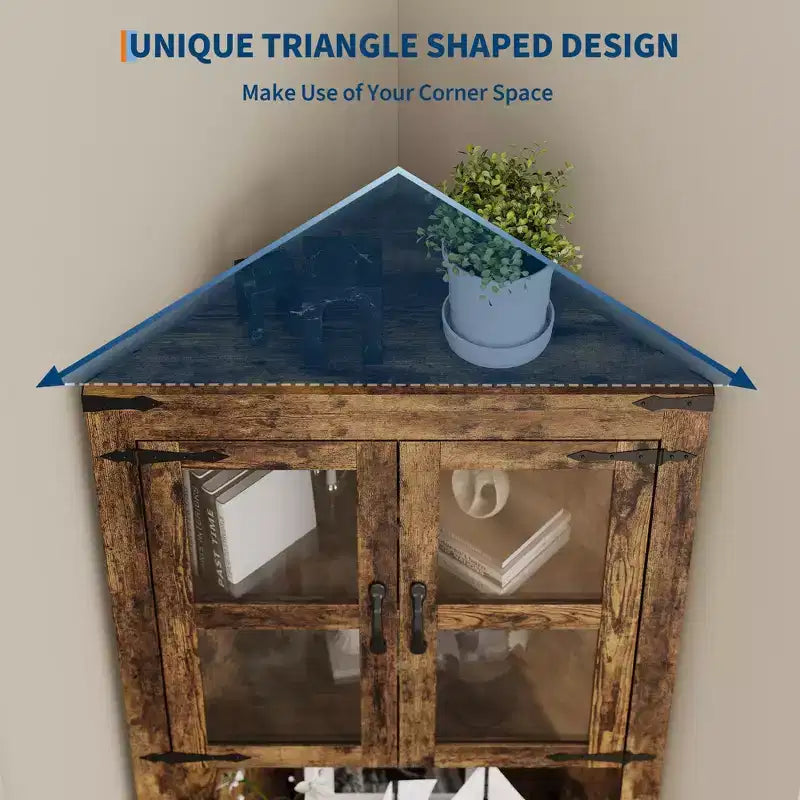 Meuble de rangement d'angle de ferme, haut, lumineux, peu encombrant, avec étagères réglables, porte vitrée, unité d'exposition pour entrée, salon, cuisine