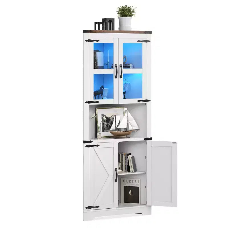 Meuble de rangement d'angle de ferme, haut, lumineux, peu encombrant, avec étagères réglables, porte vitrée, unité d'exposition pour entrée, salon, cuisine
