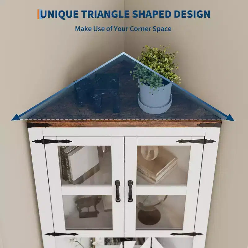 Meuble de rangement d'angle de ferme, haut, lumineux, peu encombrant, avec étagères réglables, porte vitrée, unité d'exposition pour entrée, salon, cuisine