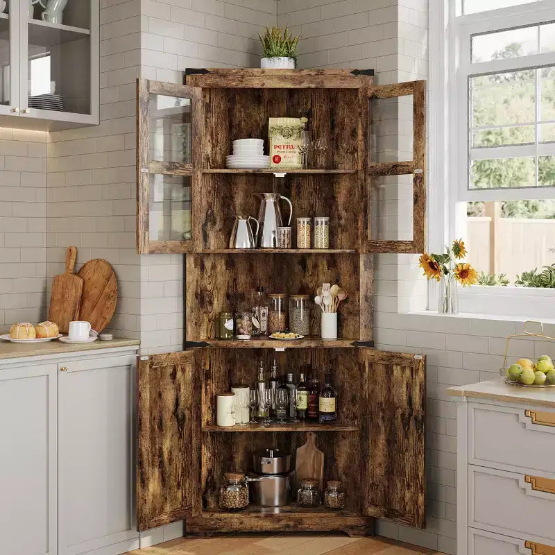 Meuble de rangement d'angle de ferme, haut, lumineux, peu encombrant, avec étagères réglables, porte vitrée, unité d'exposition pour entrée, salon, cuisine