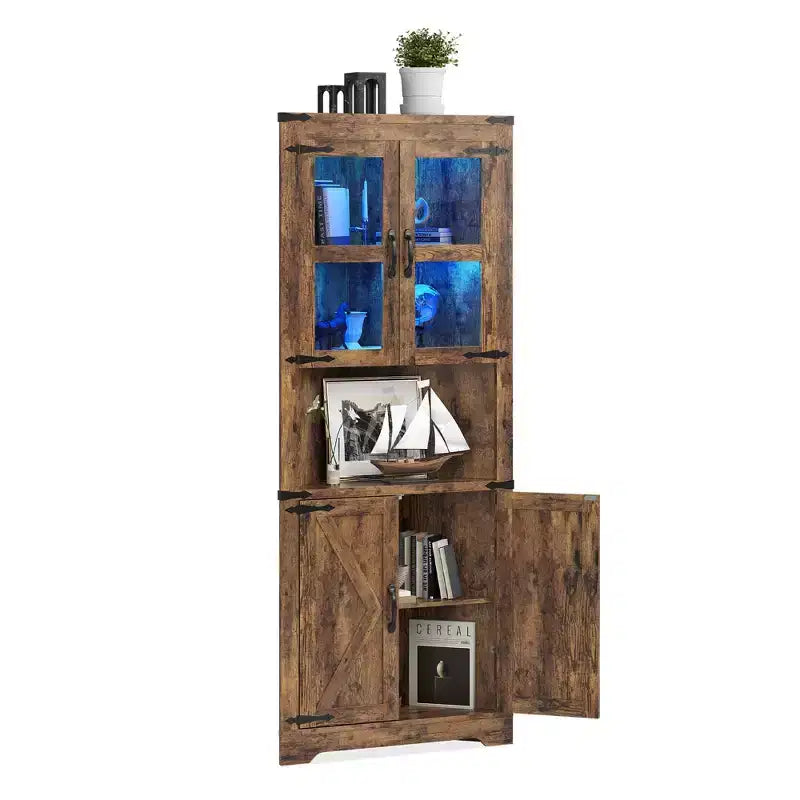Meuble de rangement d'angle de ferme, haut, lumineux, peu encombrant, avec étagères réglables, porte vitrée, unité d'exposition pour entrée, salon, cuisine
