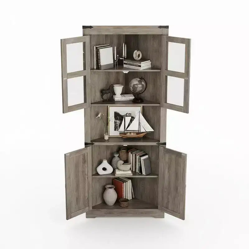 Meuble de rangement d'angle de ferme, haut, lumineux, peu encombrant, avec étagères réglables, porte vitrée, unité d'exposition pour entrée, salon, cuisine