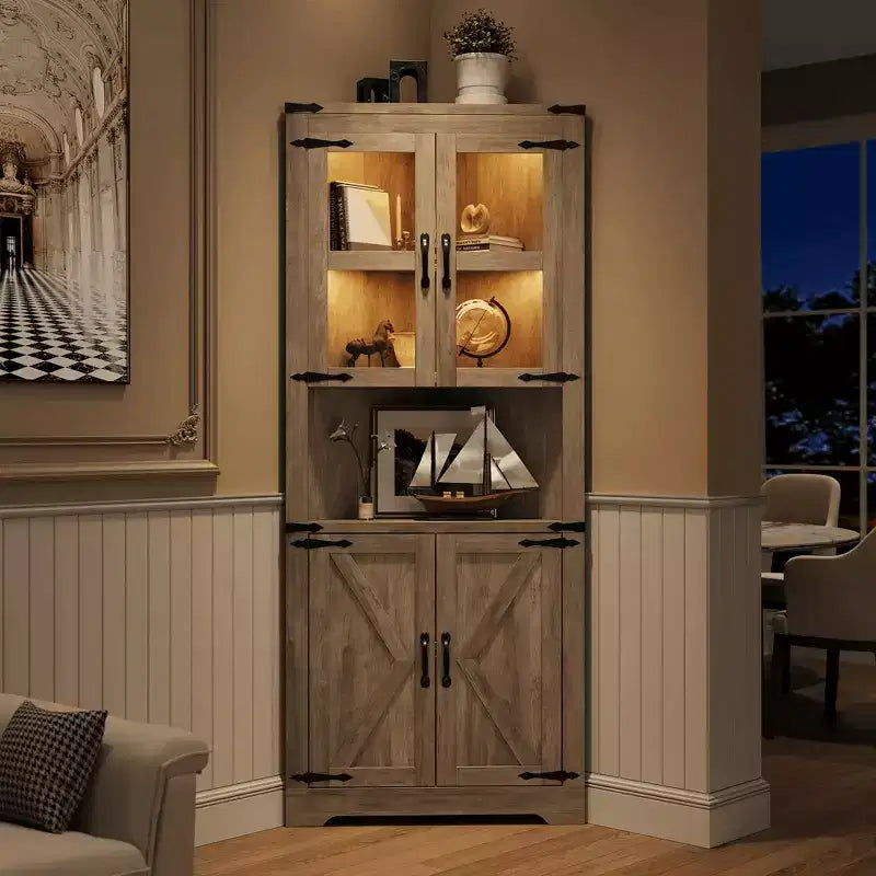 Meuble de rangement d'angle de ferme, haut, lumineux, peu encombrant, avec étagères réglables, porte vitrée, unité d'exposition pour entrée, salon, cuisine