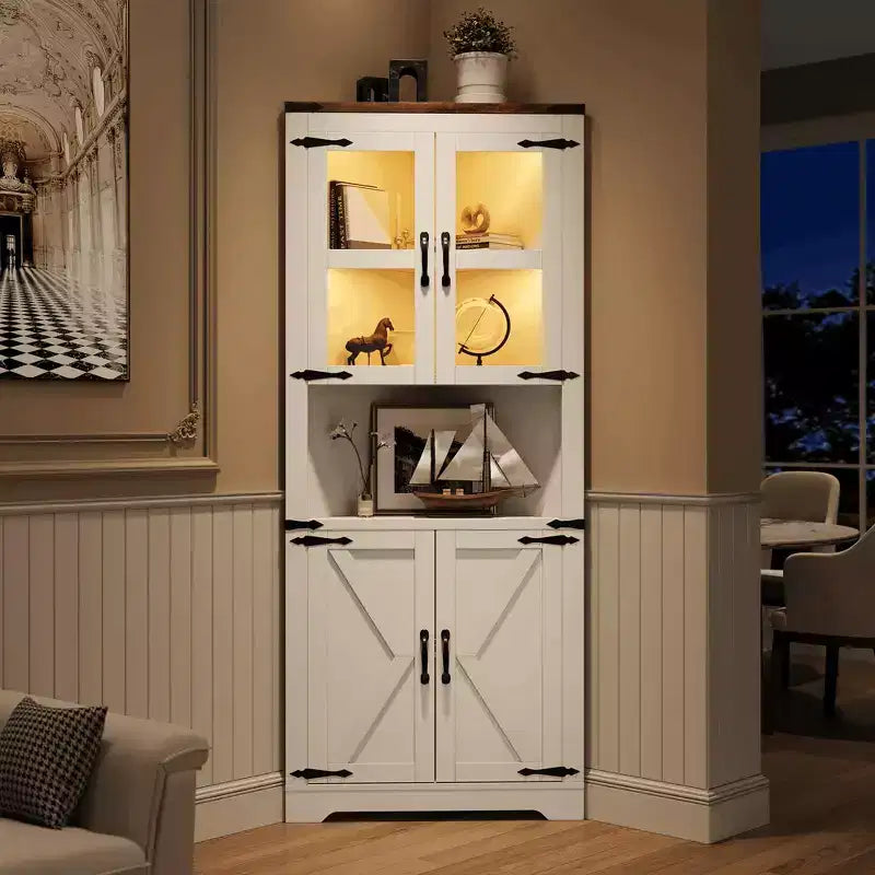 Meuble de rangement d'angle de ferme, haut, lumineux, peu encombrant, avec étagères réglables, porte vitrée, unité d'exposition pour entrée, salon, cuisine