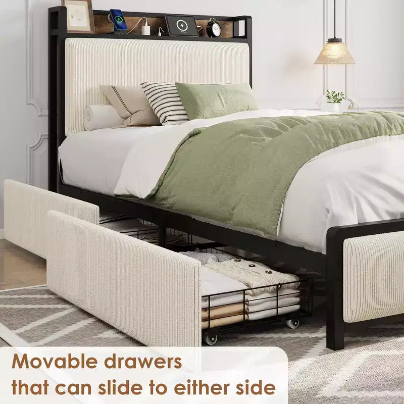 Cadre de lit Twin XL avec tête de lit de rangement, rembourré en velours côtelé, 2 tiroirs de rangement et station de recharge, pas besoin de sommier tapissier, silencieux