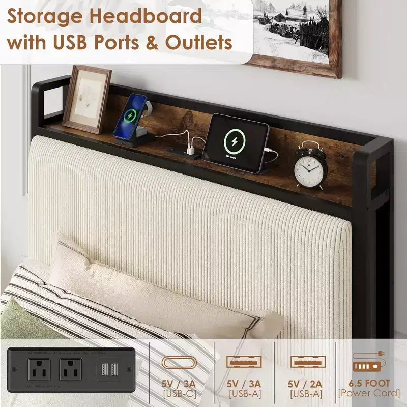 Cadre de lit Twin XL avec tête de lit de rangement, rembourré en velours côtelé, 2 tiroirs de rangement et station de recharge, pas besoin de sommier tapissier, silencieux