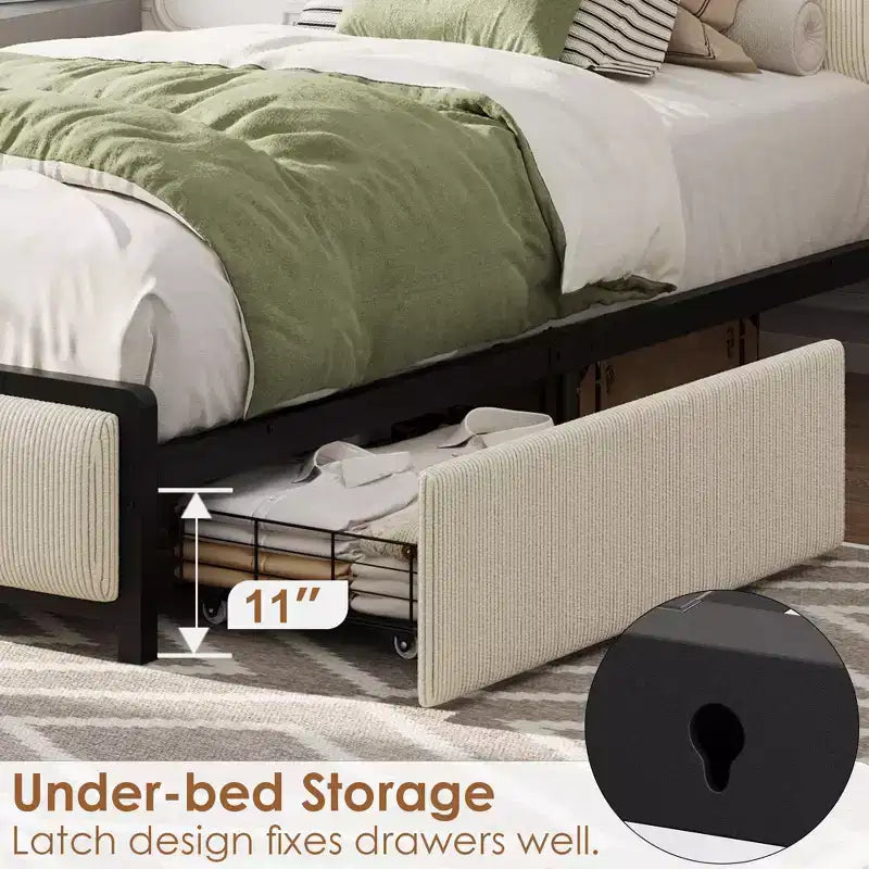 Cadre de lit Twin XL avec tête de lit de rangement, rembourré en velours côtelé, 2 tiroirs de rangement et station de recharge, pas besoin de sommier tapissier, silencieux