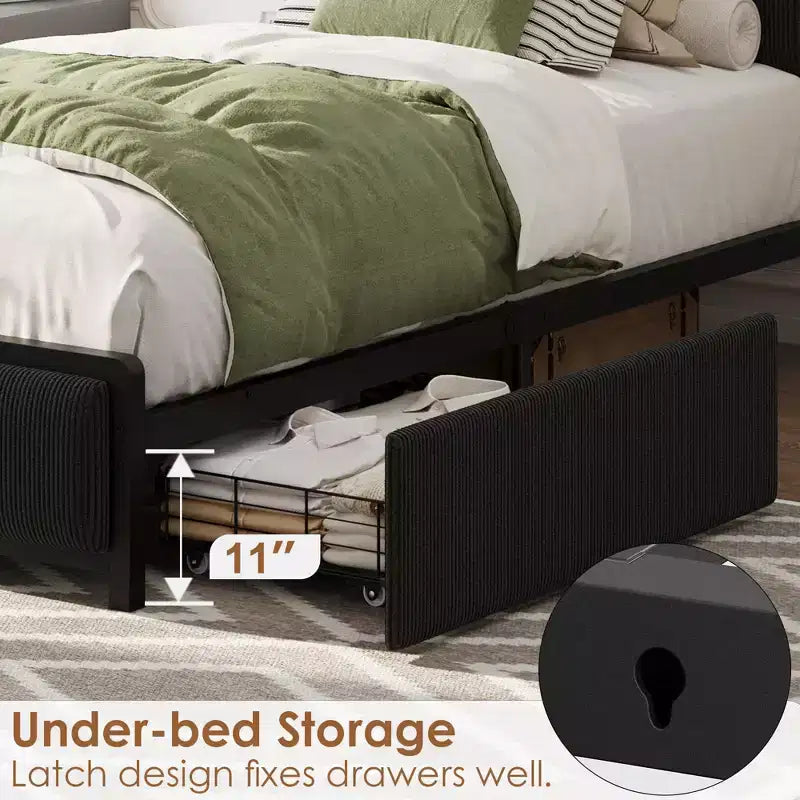 Cadre de lit Twin XL avec tête de lit de rangement, rembourré en velours côtelé, 2 tiroirs de rangement et station de recharge, pas besoin de sommier tapissier, silencieux