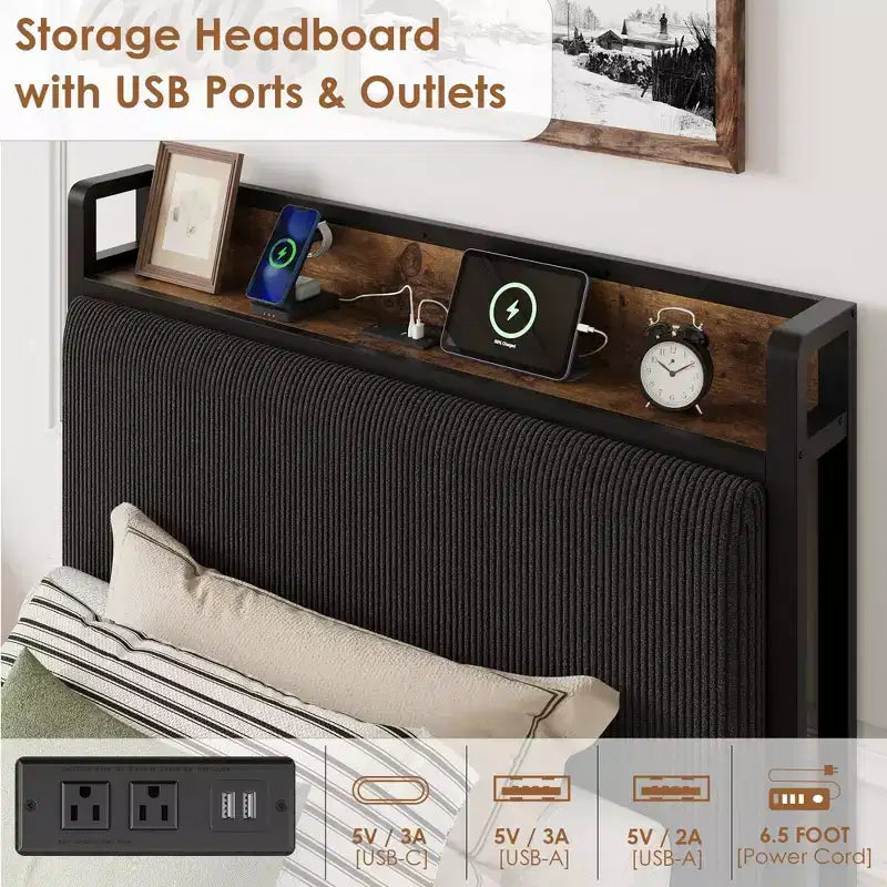 Cadre de lit Twin XL avec tête de lit de rangement, rembourré en velours côtelé, 2 tiroirs de rangement et station de recharge, pas besoin de sommier tapissier, silencieux
