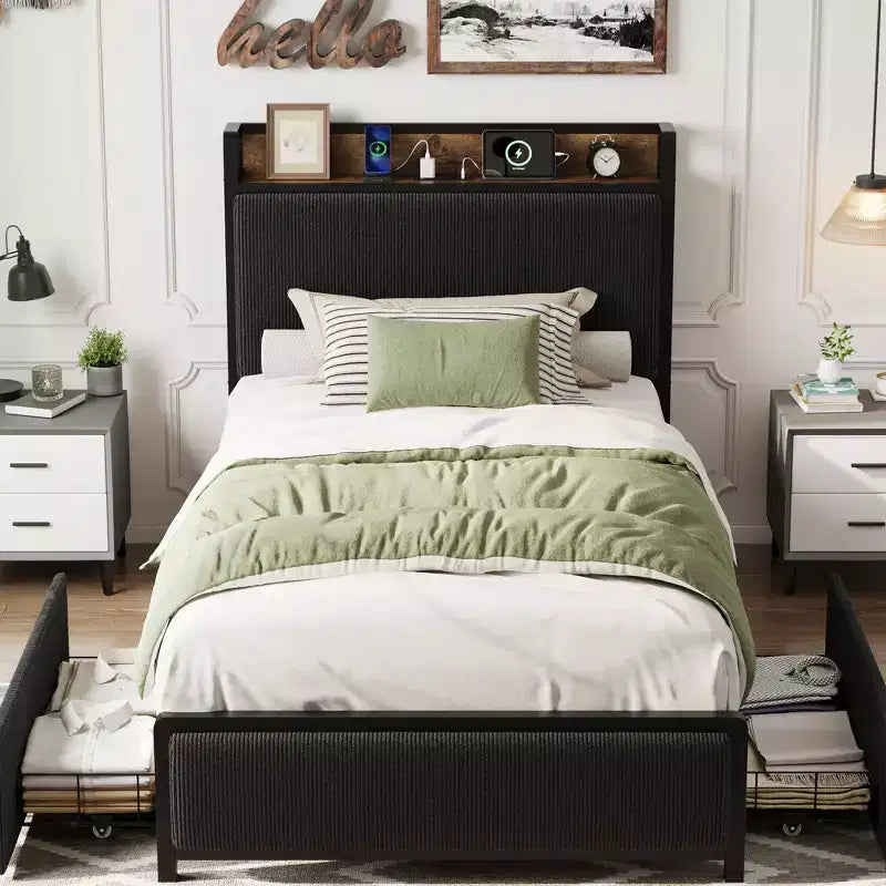 Cadre de lit Twin XL avec tête de lit de rangement, rembourré en velours côtelé, 2 tiroirs de rangement et station de recharge, pas besoin de sommier tapissier, silencieux