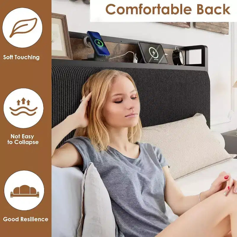 Cadre de lit Twin XL avec tête de lit de rangement, rembourré en velours côtelé, 2 tiroirs de rangement et station de recharge, pas besoin de sommier tapissier, silencieux