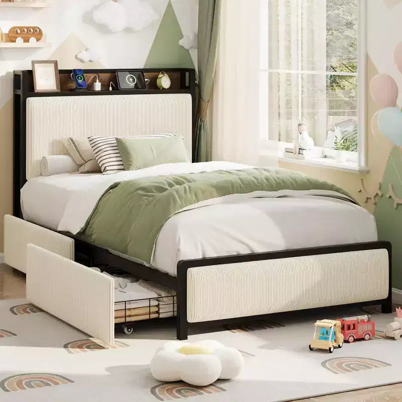Cadre de lit Twin XL avec tête de lit de rangement, rembourré en velours côtelé, 2 tiroirs de rangement et station de recharge, pas besoin de sommier tapissier, silencieux