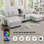 Canapé d'angle Whisen 126 avec console centrale, porte-gobelets, forme en U, haut-parleurs Bluetooth intégrés et 2 poufs de rangement pour le salon