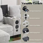 Canapé d'angle Whisen 126 avec console centrale, porte-gobelets, forme en U, haut-parleurs Bluetooth intégrés et 2 poufs de rangement pour le salon