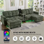 Canapé d'angle Whisen 126 avec console centrale, porte-gobelets, forme en U, haut-parleurs Bluetooth intégrés et 2 poufs de rangement pour le salon