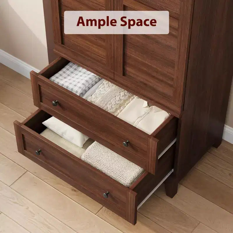 Armoire penderie en bois, 2 tiroirs, étagères réglables, organisateur de vêtements robuste, pour chambre à coucher