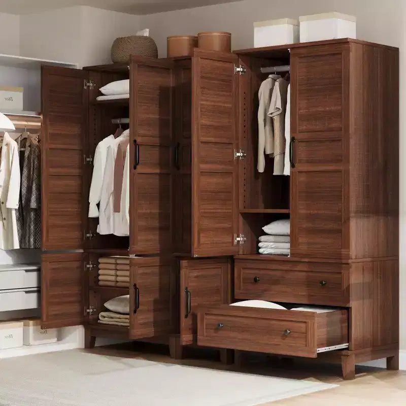 Armoire penderie en bois, 2 tiroirs, étagères réglables, organisateur de vêtements robuste, pour chambre à coucher