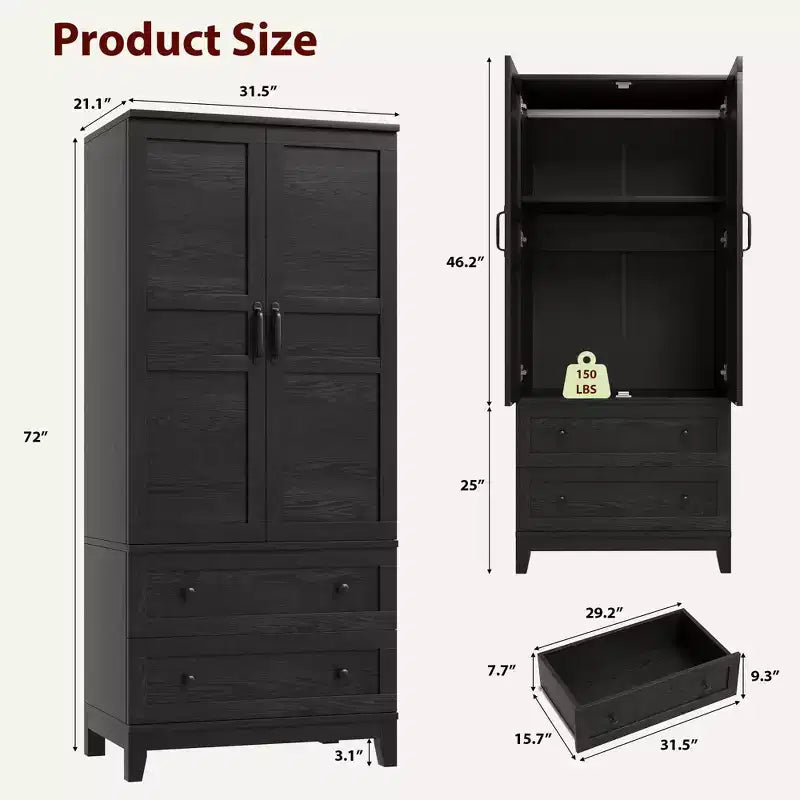 Armoire penderie en bois, 2 tiroirs, étagères réglables, organisateur de vêtements robuste, pour chambre à coucher