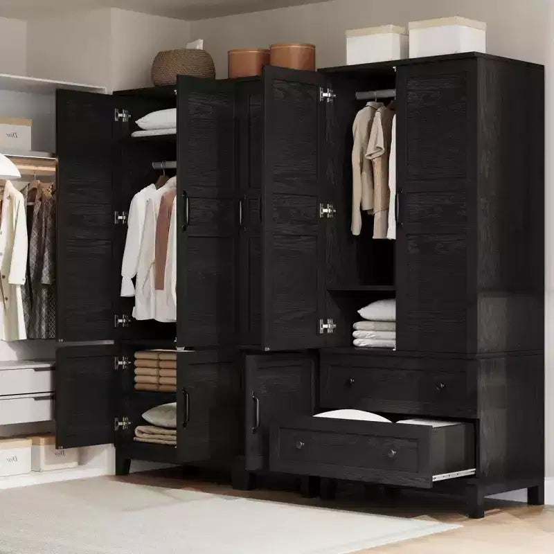 Armoire penderie en bois, 2 tiroirs, étagères réglables, organisateur de vêtements robuste, pour chambre à coucher