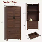 Armoire penderie en bois, 2 tiroirs, étagères réglables, organisateur de vêtements robuste, pour chambre à coucher