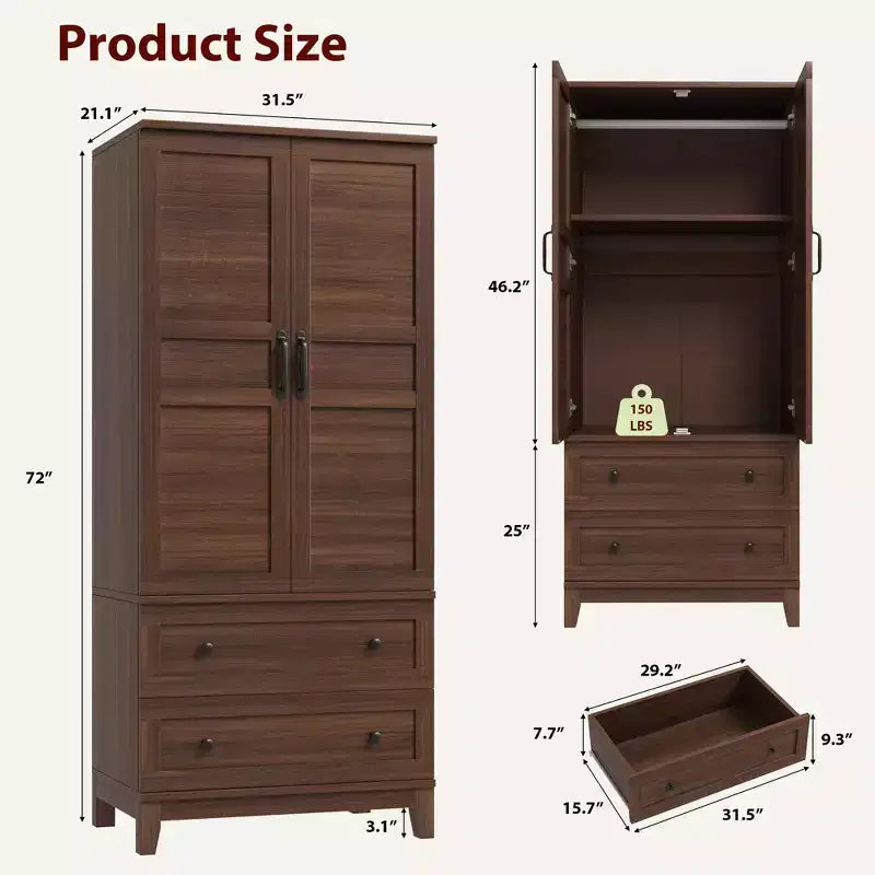 Armoire penderie en bois, 2 tiroirs, étagères réglables, organisateur de vêtements robuste, pour chambre à coucher