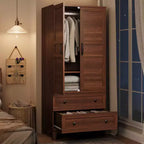 Armoire penderie en bois, 2 tiroirs, étagères réglables, organisateur de vêtements robuste, pour chambre à coucher
