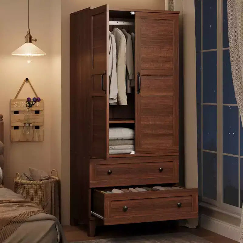 Armoire penderie en bois, 2 tiroirs, étagères réglables, organisateur de vêtements robuste, pour chambre à coucher